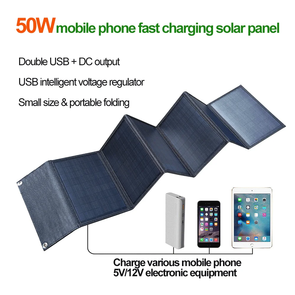 30W 40W 50W Solar Panel Charging Mobile Phone Solar Cell Folding Bag 12V Photovoltaic Foldable Portable Charging PV Plate DC+USB