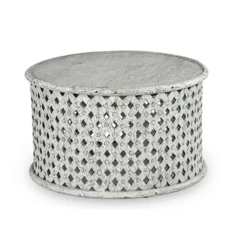 

Samir - Round Tribal Carved Wood Cocktail Table - White