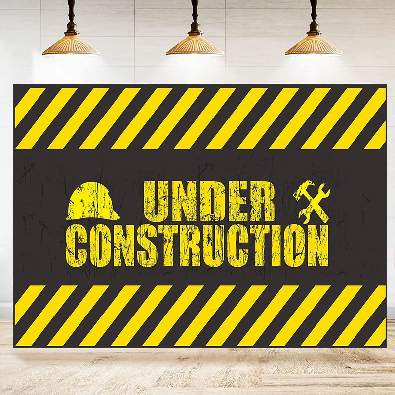 Construction Site Photography Backdrop Safety Hat Under Warning Black Yellow Stripe Background Birthday Party Decoration Banner