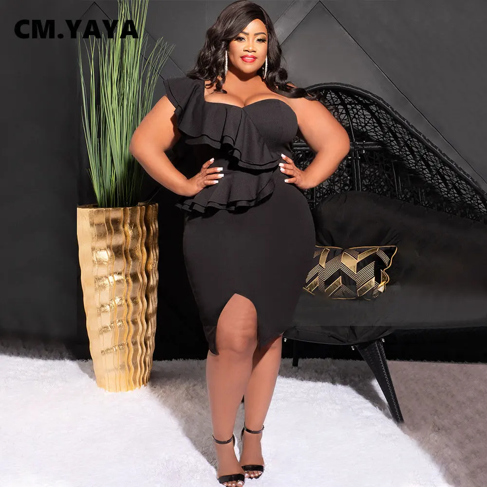 CM.YAYA Plus Size Women Ruffles Shoulder Sleeveless Bodycon Midi Dress 2023 Fashion INS Curve Sexy Party Club Dresses Vestidos