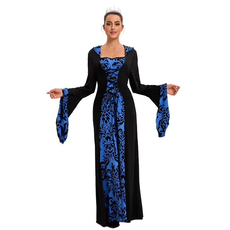 فستان بغطاء للرأس من العصور الوسطى مع حاشية واسعة - فستان نسائي أوروبي وأمريكي بأكمام طويلة وطبعة عتيقة