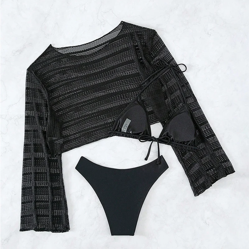 Sexy hollow out bikini three piece swimsuit with mesh cover, sun protection beach suit, swimsuit with long sleeved cover up