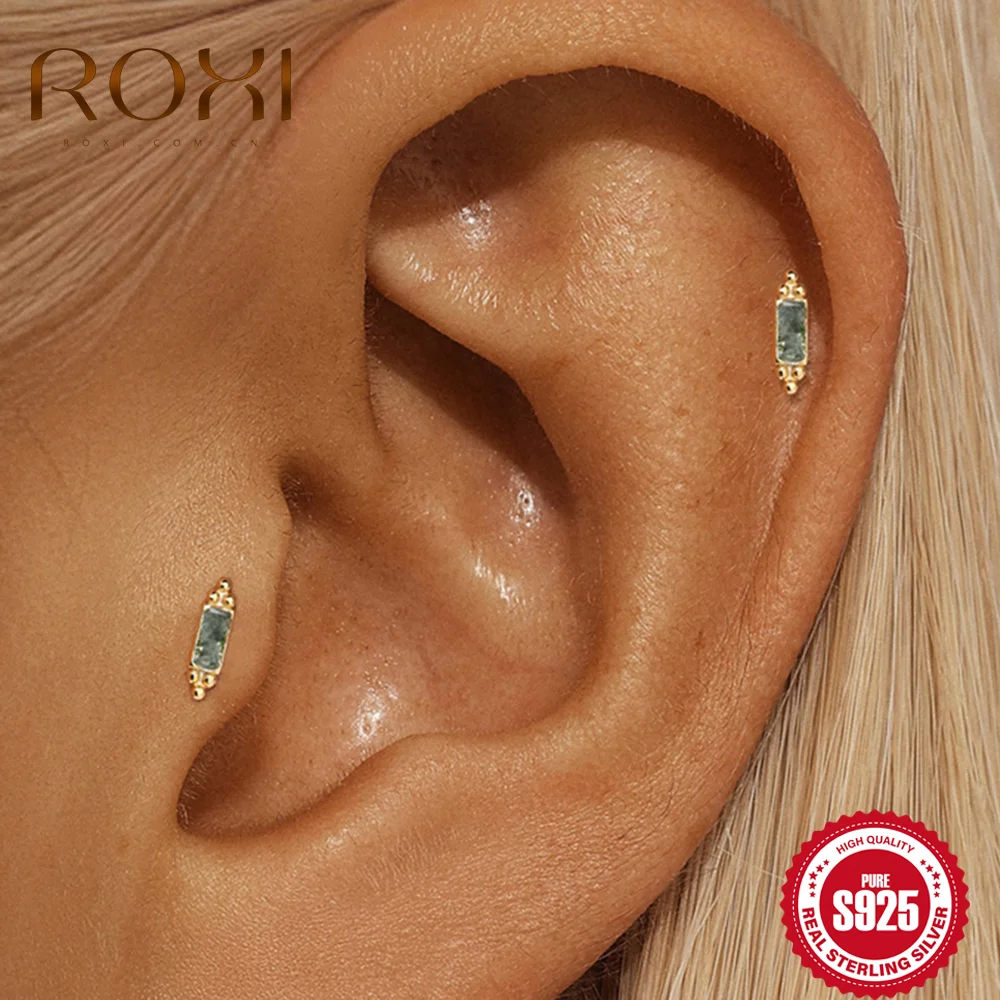 ROXI 1PC S925 Silver Natural Green Moss Agate Tragus Stud Multi Shape Dangling Cartilage Piercing Chic Earring Daily Party Wear