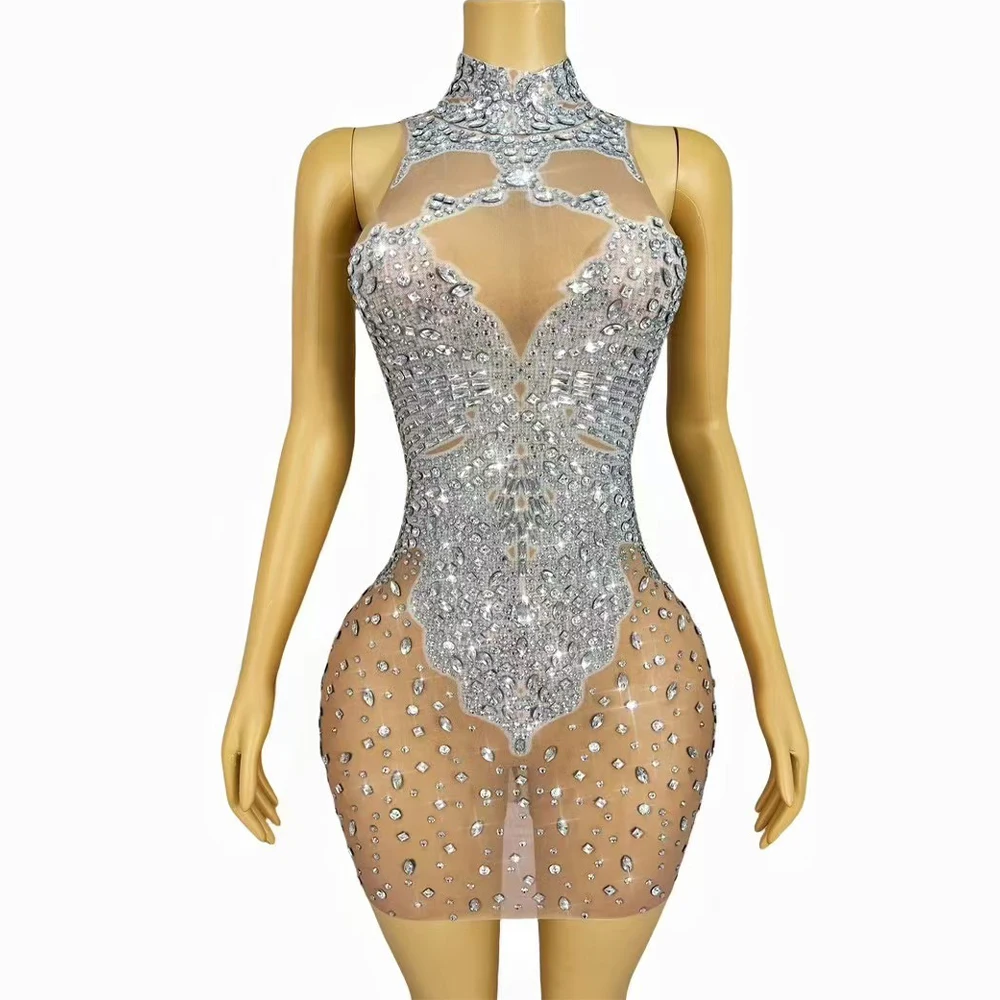 

Luxury Blingbling Rhinestones Elegant Gown Mesh Package Hip Dress Women Cocktail Birthday Party Evening Performance Costume