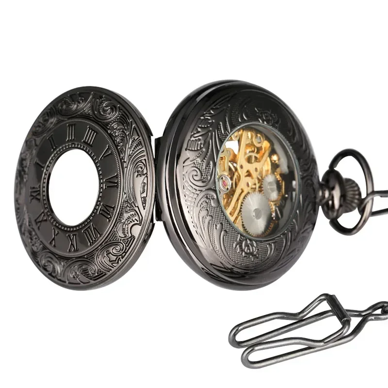 Antique Hollow Case Handwinding Mechanical Pocket Watch for Men Women Skeleton Clock Pendant Chain Roman Number Dial Hour Gift