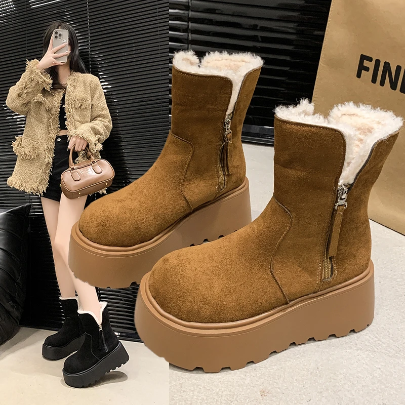 High Appearance Level Thick Sole Side Zipper Plus Cashmere Warm Fashion All Comfortable Non-slip Breathable Women's Ankle Boots