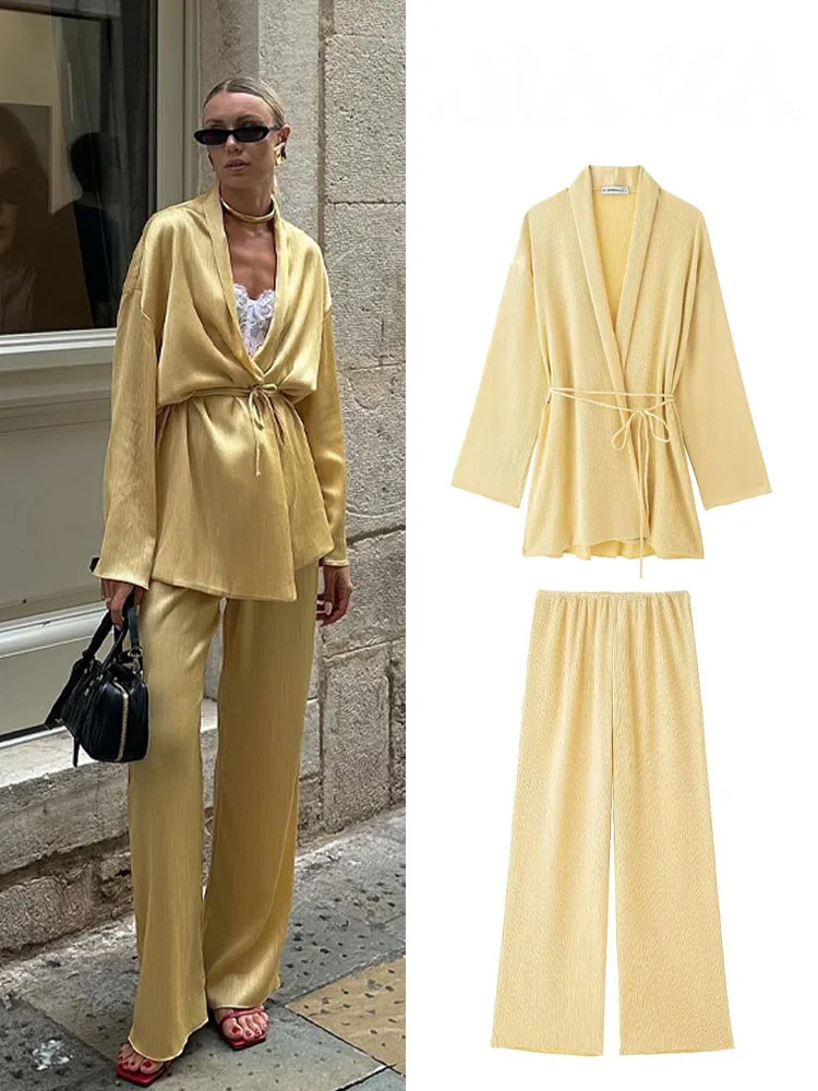 

HH женский комплект из 2 предметов, плиссированная текстура, украшение на шнуровке, модное кимоно, рубашка, топ + однотонная эластичная талия, широкие длинные брюки Mujer