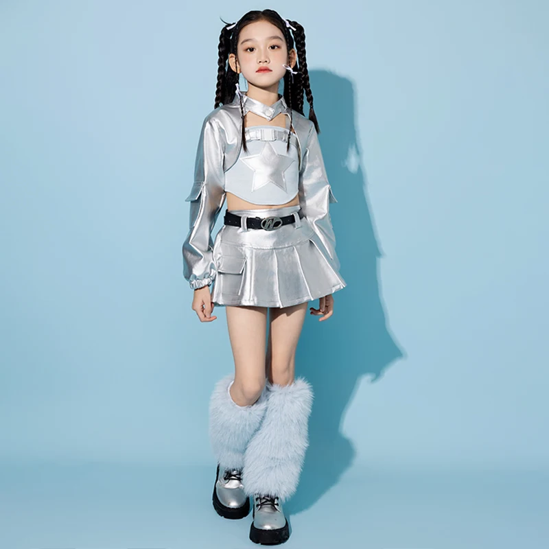子供ジャズダンス衣装 Kpop ファッションセットガールグループパフォーマンスステージウェアシルバートップルーズパンツトレンディストリートウェア VDL4729
