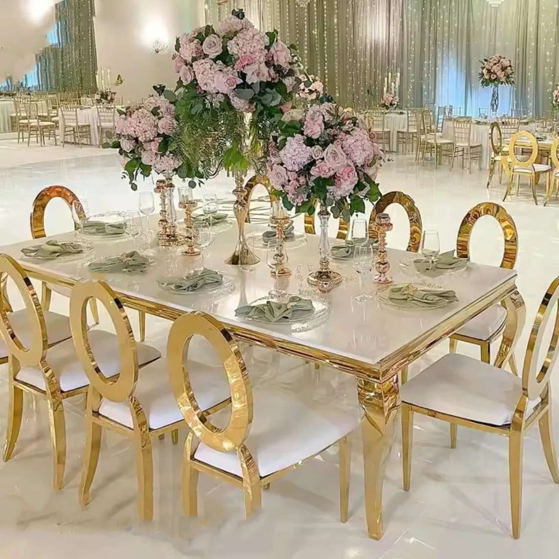 chair/table）)Rectangle Gold White Top Table Empty Oval Back Chair Latest Design Wedding Party Furniture Set