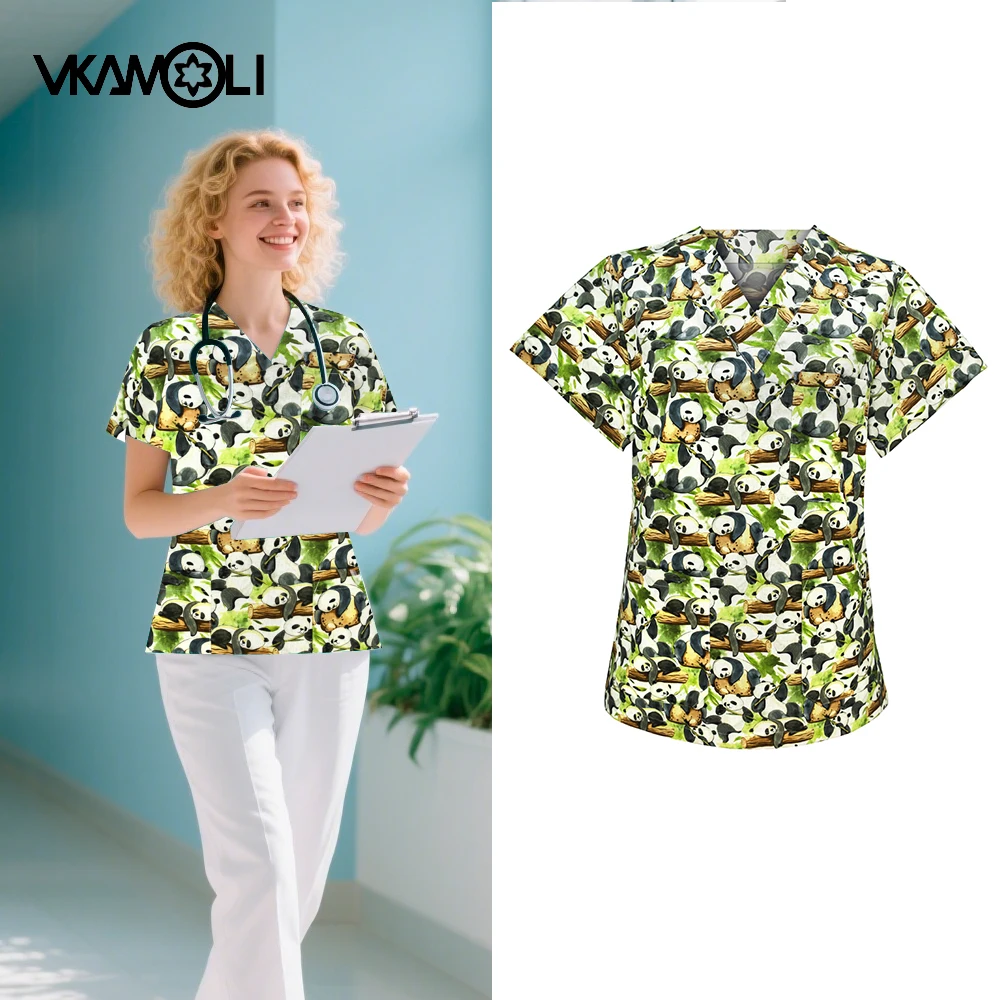 Clearanced 귀여운 팬더 동물 프린트 의사 간호사 유니폼 스크럽 탑 작업실 수의사 티셔츠