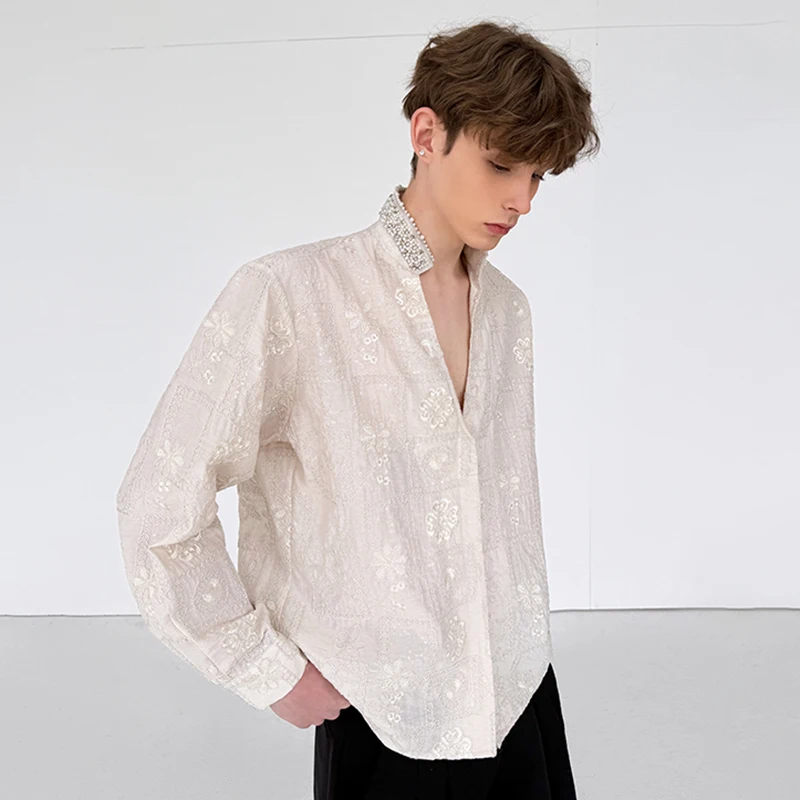 LUZHEN Long Sleeve Luxury Patchwork Neck Original Design Pearl Shirts Men's 2026 New Fashion Pattern Embroidery Clothes JY9480