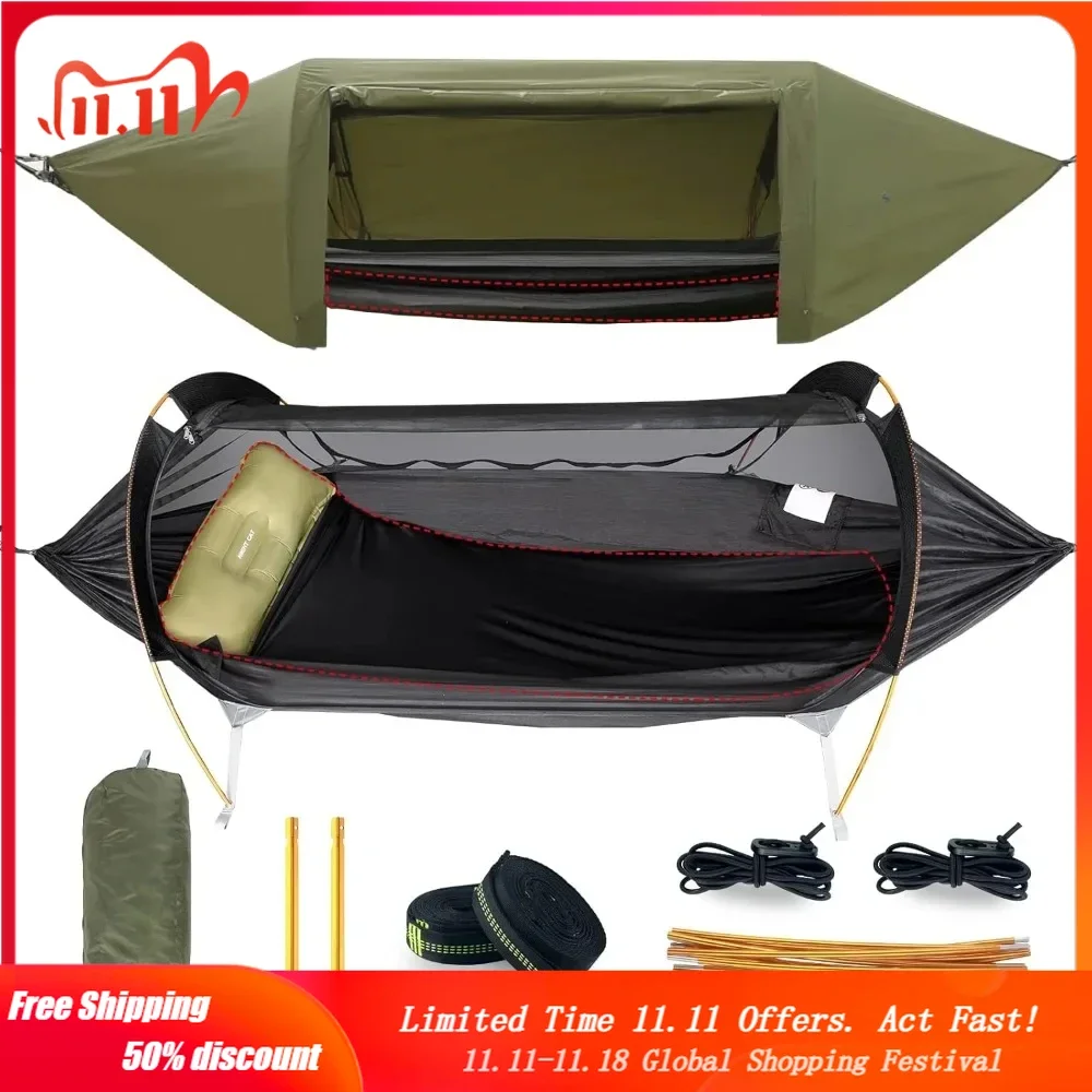 

Camping Hammock Tent with Mosquito Net and Rain Fly 1 Person Backpacking Bivvy Ground Tent