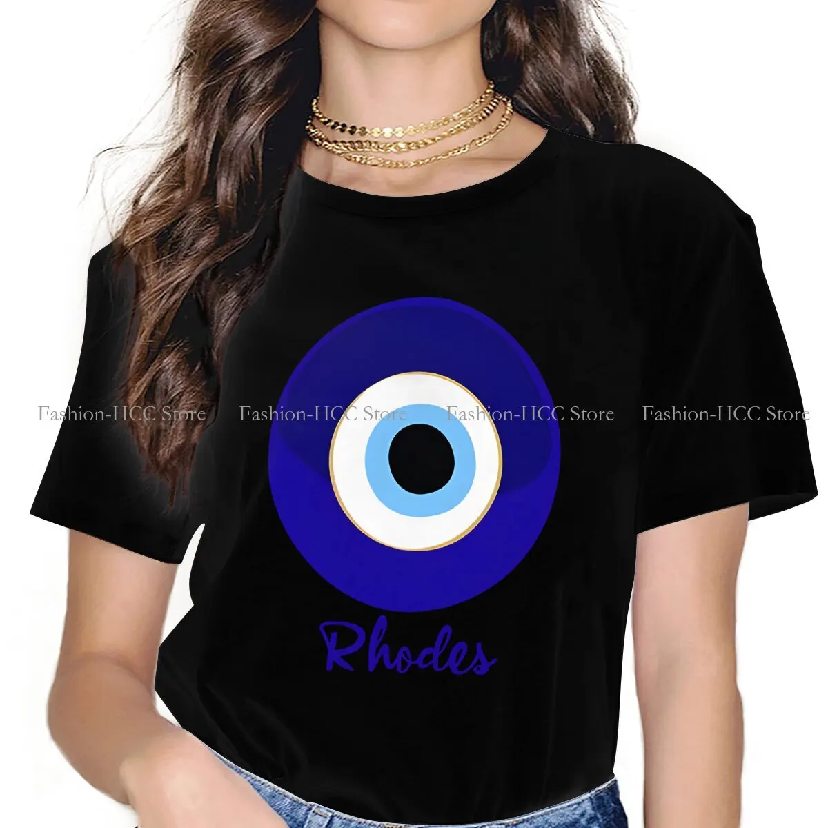 RHODES - GREECE, EVIL EYE, Mati Blue White. Graphic Polyester TShirt Evil Eyes Printing Streetwear Leisure T Shirt Women