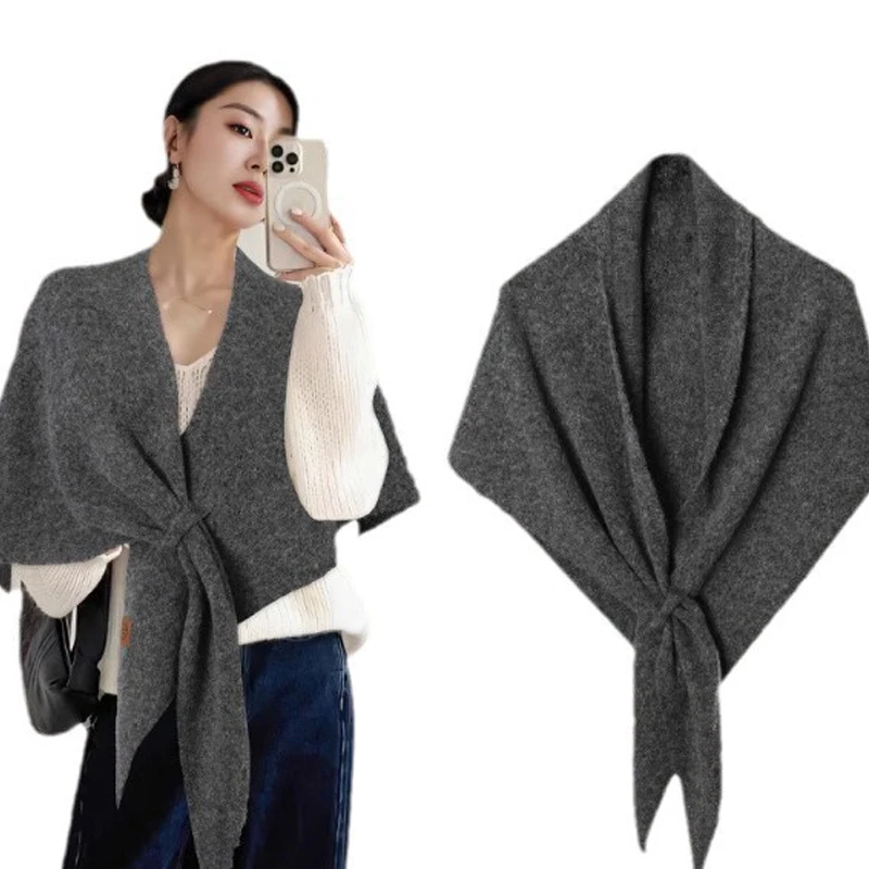 

Осень-зима, женский шаль, шарф, шерстяной смешанный треугольный утолщенный вязаный однотонный полосатый большой шарф, накидки