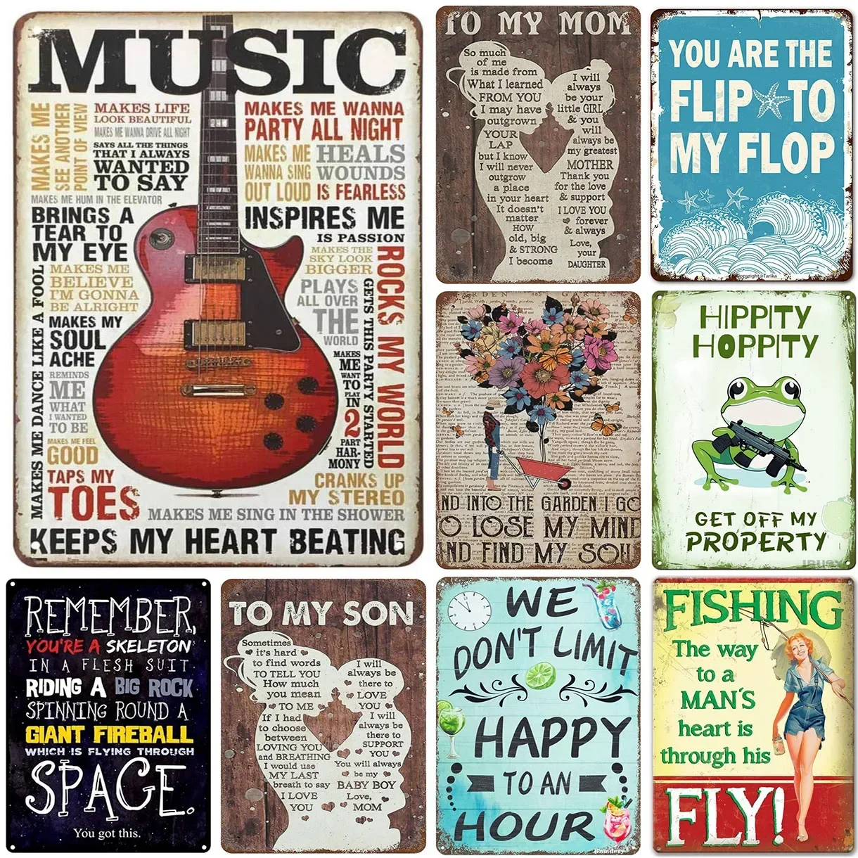 Vintage Metal Tin Signs Music Keeps My Heart Beating Music Inspires Me Retro Art Posters Decoration for Home Club Cafes Garage