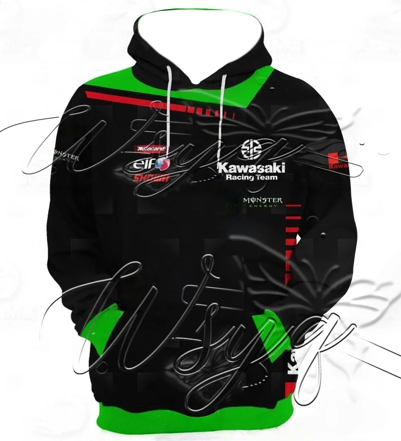 

25/26 Новая осенне-зимняя теплая толстовка Kawasaki Racing на мотоциклах, мужская плюшевая модная толстовка с капюшоном в стиле ретро для верховой езды