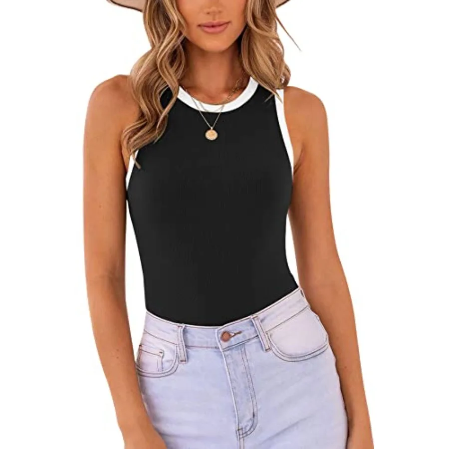 

MISSJOY Women's Basic Sleeveless Racer Back Halter Neck Ribbed Bodysuit Tank Tops