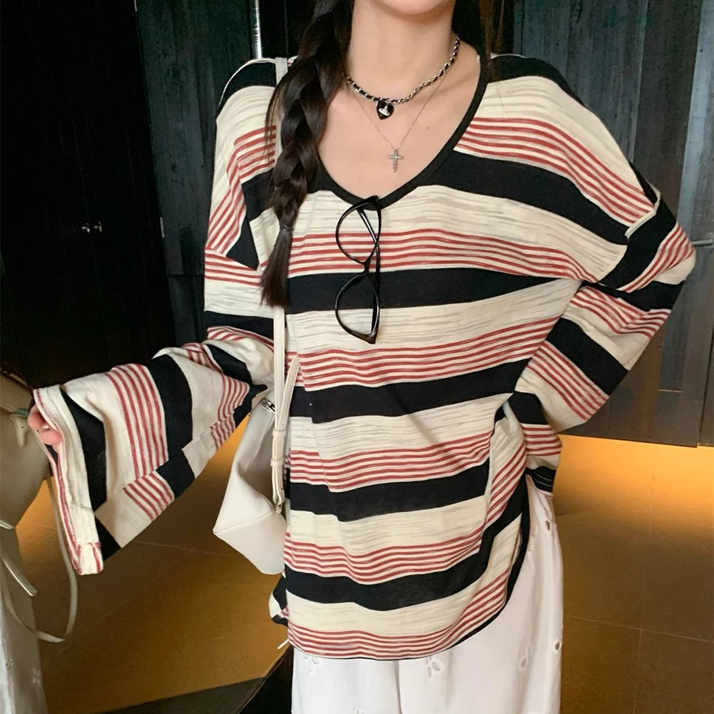 

Casual Crew Neck Loose Long Sleeve Top Regular Length Design Trendy Stripe Pattern Various Sizes Available Casual Wear