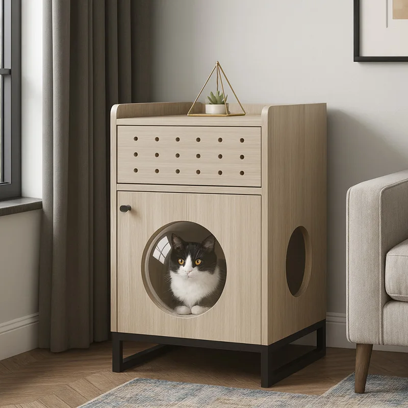

Multi Function Wooden Cat Furniture with Litter Box Hideaway Storage Drawer Pet House Cabinet with Circular Entry for Indoor