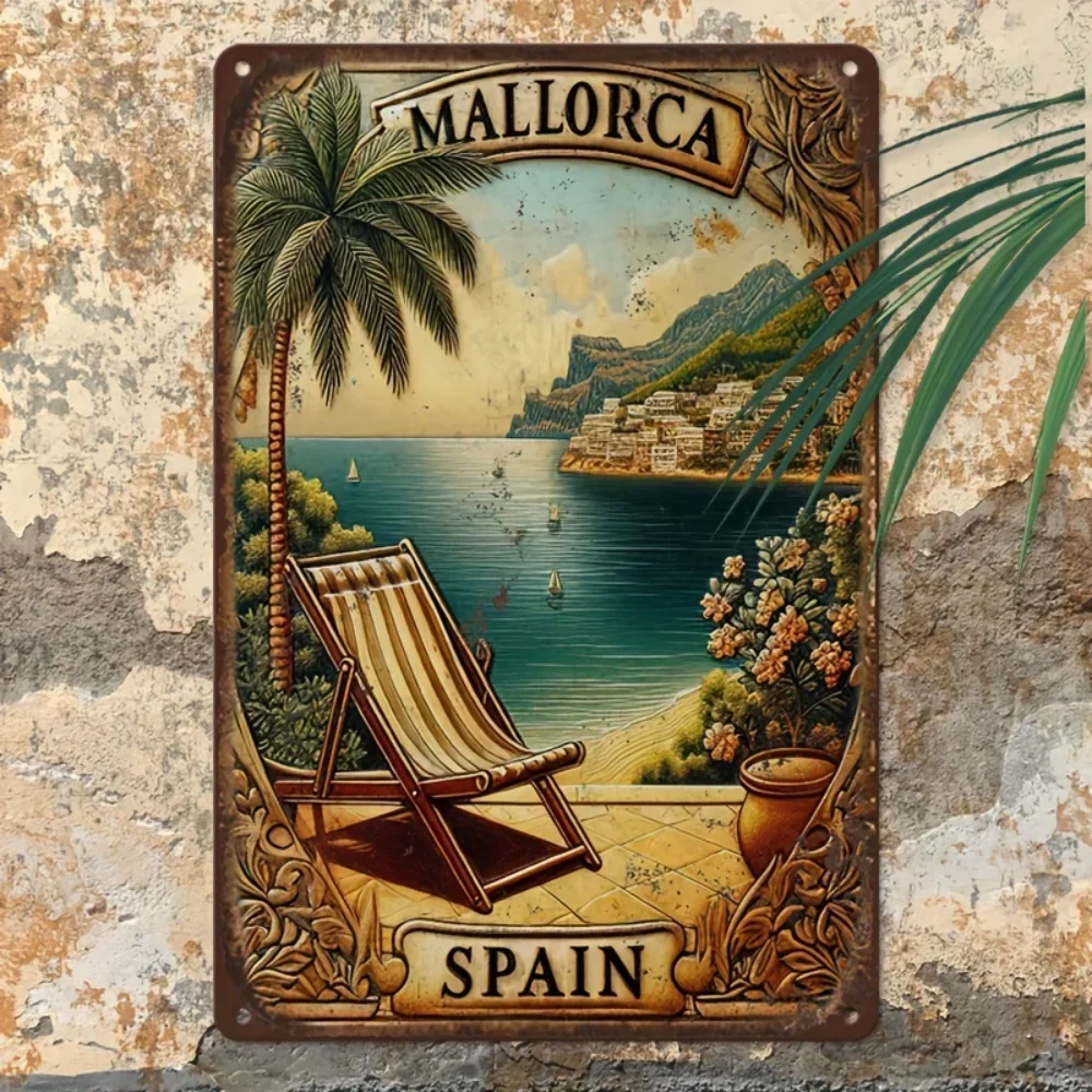 Exquisite Aluminum Wall Art Depicting Mallorca Island, Vintage Travel Poster Style, Fit for Garage, Cafes, Clubs As Gift.