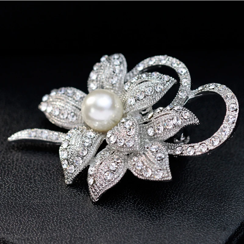 Classy Flower Brooch Pin With Shiny Created Crystal And Created Pearl For Christmas Wedding Or Prom