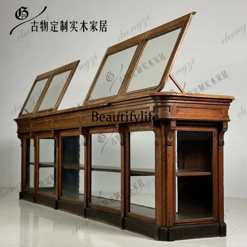French retro solid wood bread cabinet antique style old flip locker old display cabinet glass side cabinet