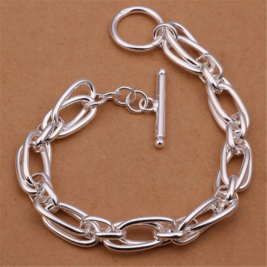 Pulsera de Cadena de Eslabones Grandes Minimalista con Cierre OT, Diseño Ovalado Doble Plateado, Joyería Apilable para Mujer