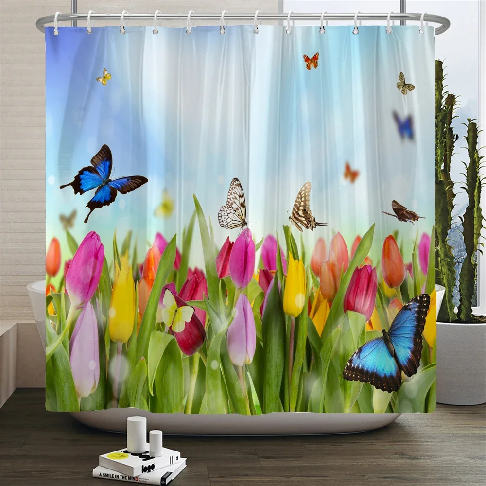 Floral Tulip Printing Flower Shower Curtain Waterproof Polyester Fabric Bathroom Curtain With Hooks 180x180cm Decorative Curtain