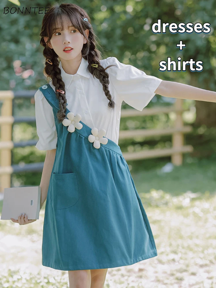 

Women 2 Pcs Sets Strap Mini Dresses Short Sleeve Shirts 3D Flower Sweet Design Retro Prairie Chic Ulzzang Tender Holiday Females