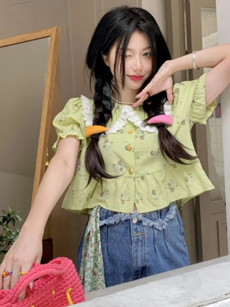 

Shirts Women Simple Trendy All-match Kawaii Peter Pan Collar Puff Sleeve Leisure Comfortable Students Pleated Sweet Korean Style