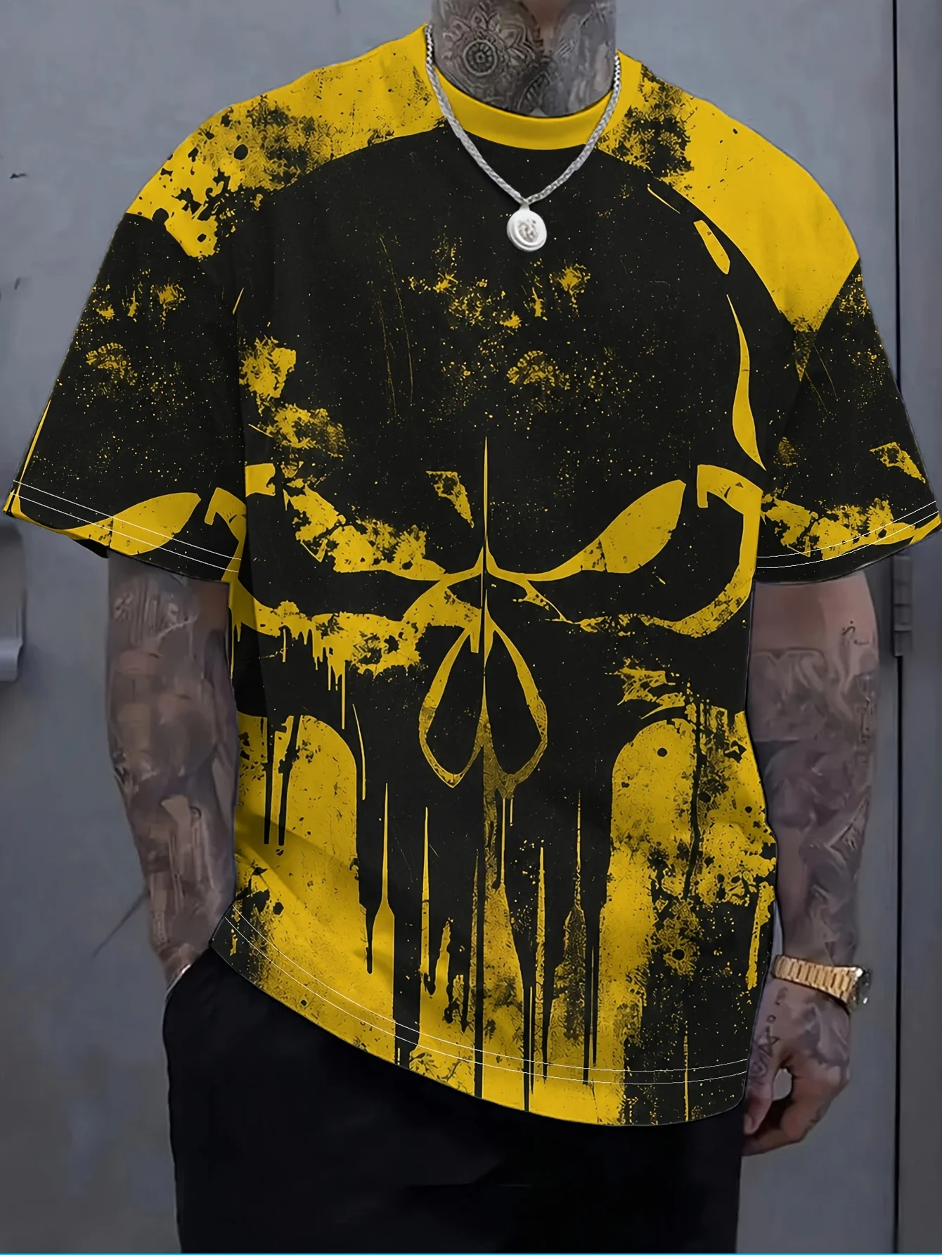 Men Short Sleeve T‑Shirt Grunge Yellow Skull Splatter Distressed Gothic Crew Neck Casual Tops