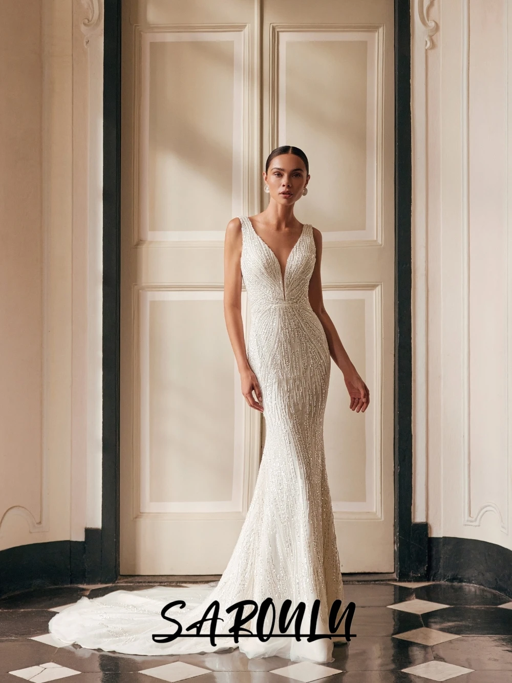 Robe de mariée sirène Sexy, dos nu, col transparent, perles scintillantes, abordable, délicate, personnalisée, vêtements pour femmes