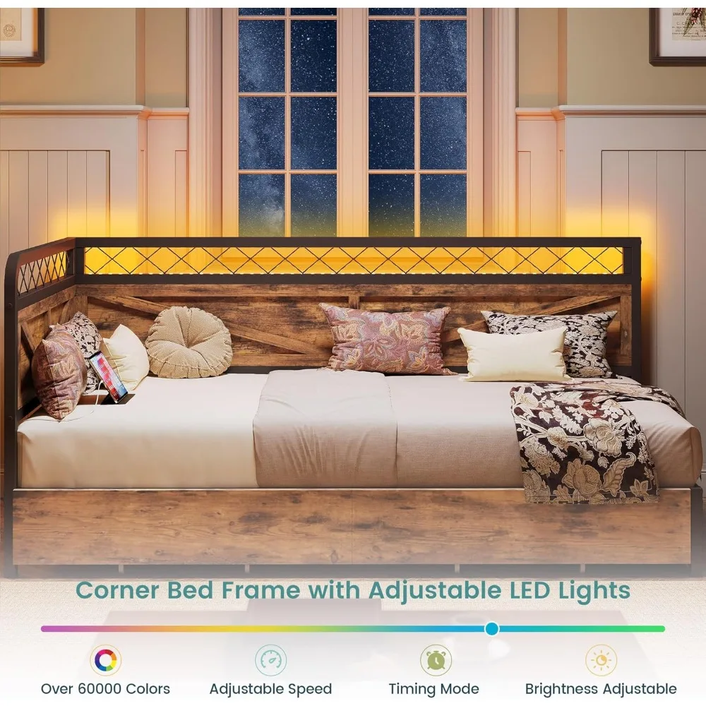Twin Daybed with Storage Drawers, Corner Bed Frame with LED Lights and Charging Station for Living Room, Bedroom and Guest