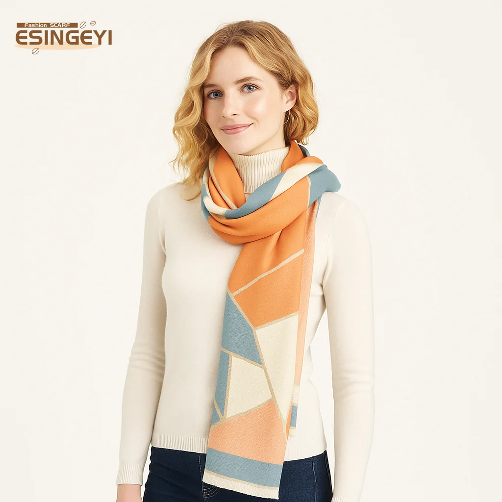 

ESINGEYI 2025 Winter Scarves Woman Foulards Femme Scarf Imitation Cashmere Geometric patchwork pashmina Shawl Muffler Tippet