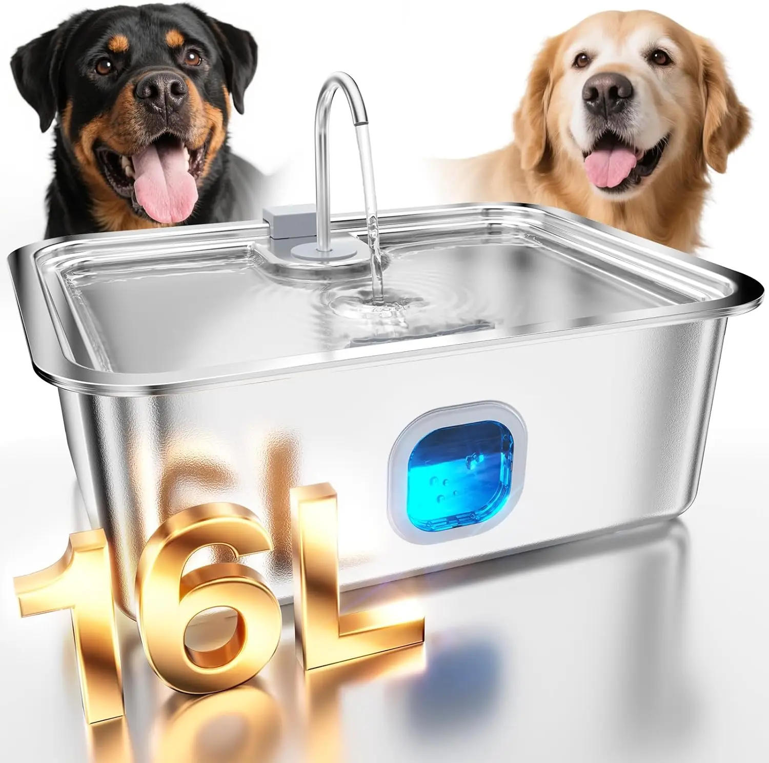 

16L Stainless Steel Dog Water Fountain for Large Breeds, Deeper & Wider Drinking Tray, Auto Pet Water Dispenser with Visible Window