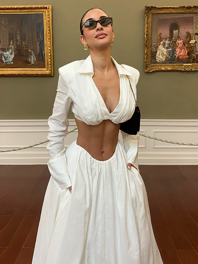Женские белые юбки, комплект из двух предметов, сексуальный топ с v-образным вырезом и длинными рукавами + длинные юбки трапециевидной формы, костюмы для вечеринок, вечерние коктейльные комплекты