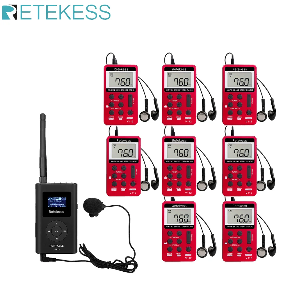 RETEKESS Tour Guide System Wireless Audio System FT11 FM Transmiter 1pc V112 FM Receiver 8pc For Tour Guide Church Hajj Meeting