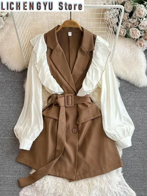 

Sweet Style Women's Dress Fake Two Piece Long-sleeve Notched Ruffles Patchwork High Waist Dresses Autumn Winter