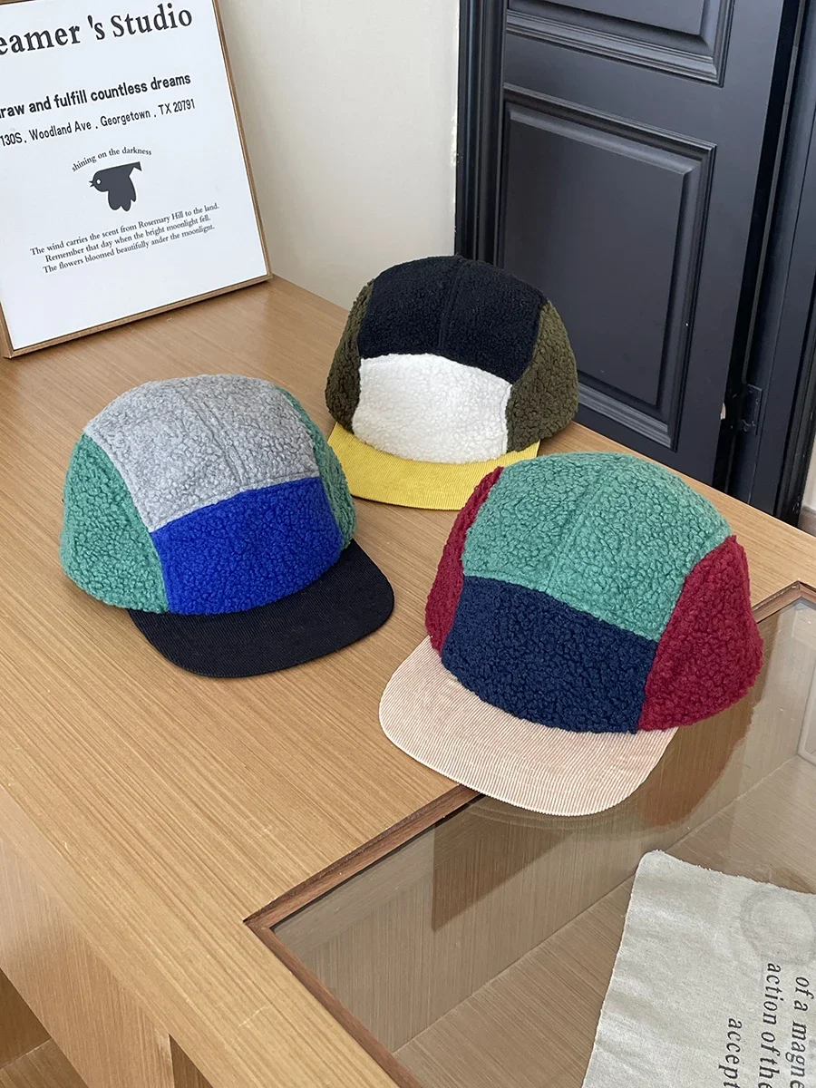 Color matching fleece flat brim cap women's autumn and winter warm five pieces of lamb wool street hip-hop baseball cap men