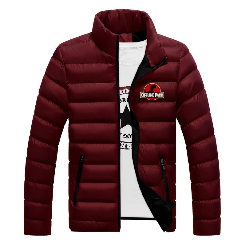 

2025 Autumn Winter No Internet Mens Cartoon Dinosaur Jurassic Offline Park Print Solid Color Stand Collar Windproof Down Jackets