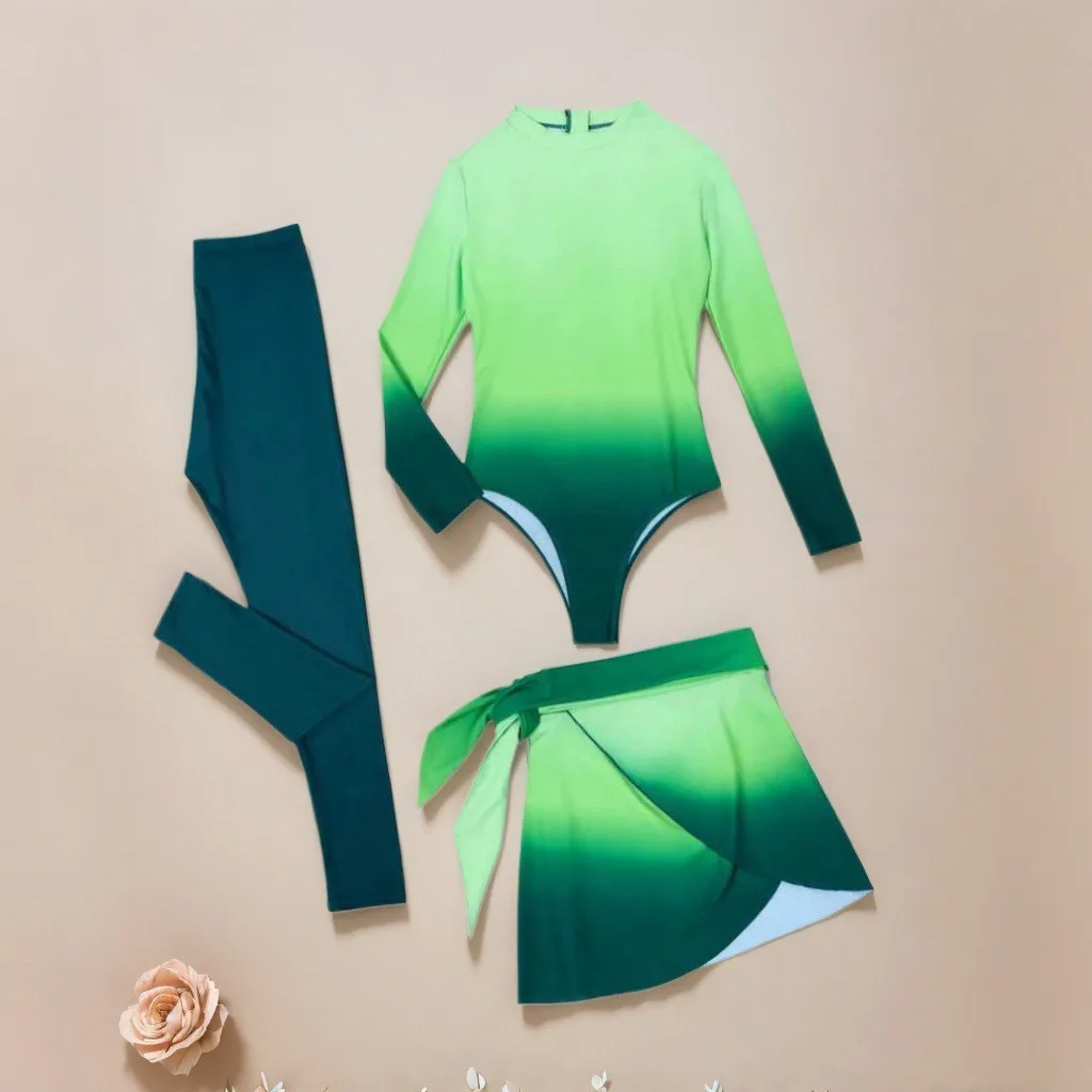 Blue Long Sleeve Swimsuit High Neck Wrap Skirt Swimwear Tie Front Bathing Suit Green Leggings Solid Color Slim Fit Swimming view 4
