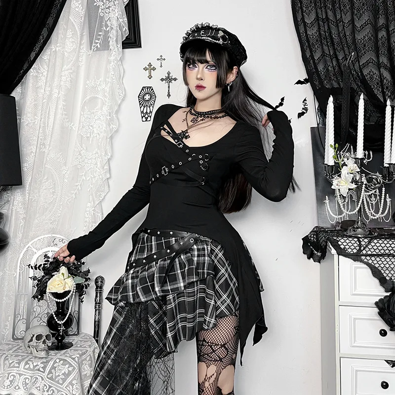 Goth Dark Punk Rivet Sexy Long Sleeve T-shirts Mall Gothic Slim Black Asymmetrical Tops for Women Casual Tees Streetwear Y2K