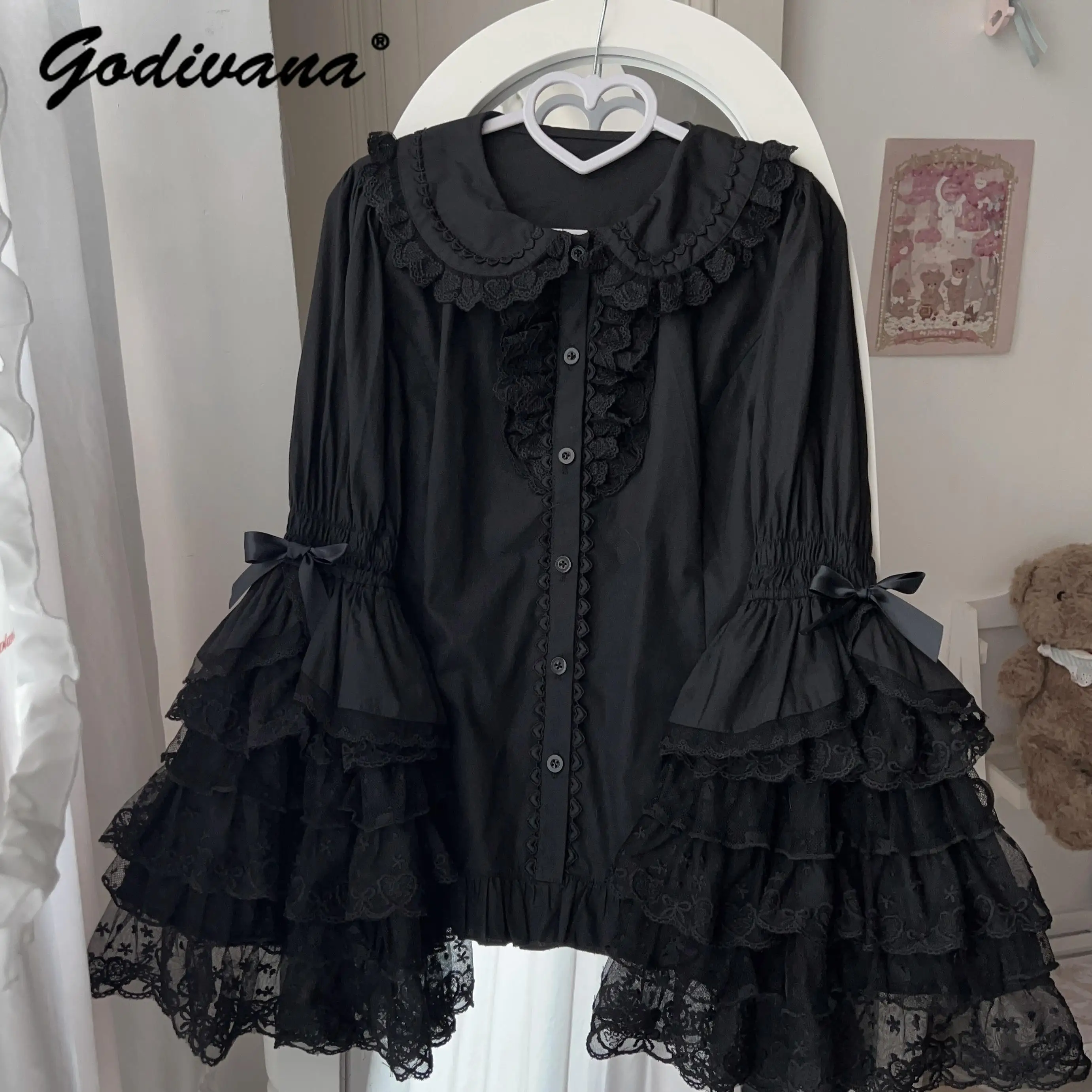 

Original New Spring Lolita Lace Flare Sleeve Pure Cotton Inner Shirt Sweet Cute Girl Women's Sweet Blouse Tops