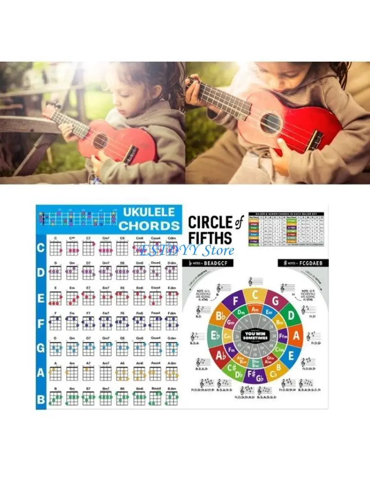 

G6DE Ukulele Chord Poster Laminated Ukulele Chord Chart Poster Circle of Fifths Chart Waterproof Ukulele Learning