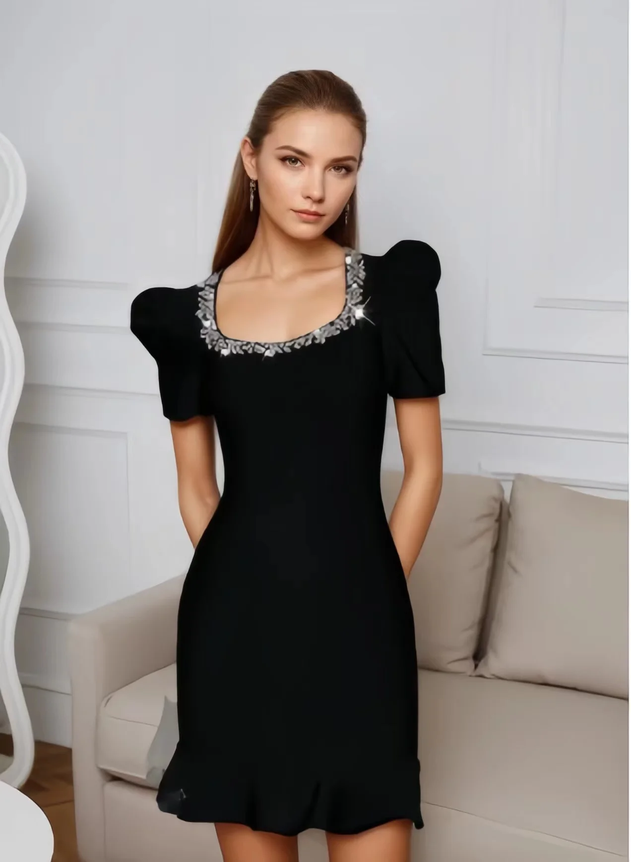 

Новое женское облегающее мини-платье с пышными рукавами и квадратным воротником, украшенное кристаллами для ночного клуба, вечеринки, дня рождения