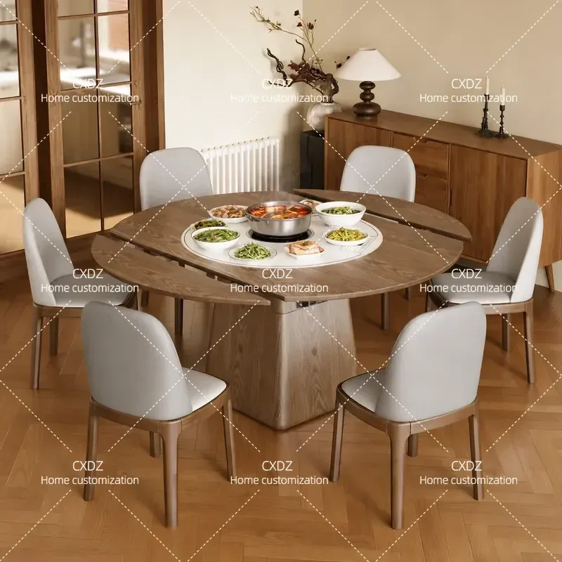 Medieval Ash Wood Dining Table with Embedded Multi-functional Warming Board Telescopic Folding Extendable Round Table