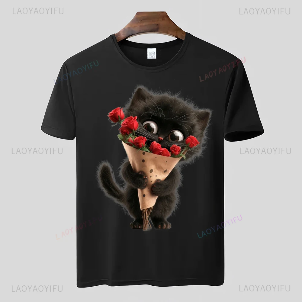 Funny black cat Men's and women's short sleeve printed T-shirt Casual cartoon streetwear new arrival  clothes for women