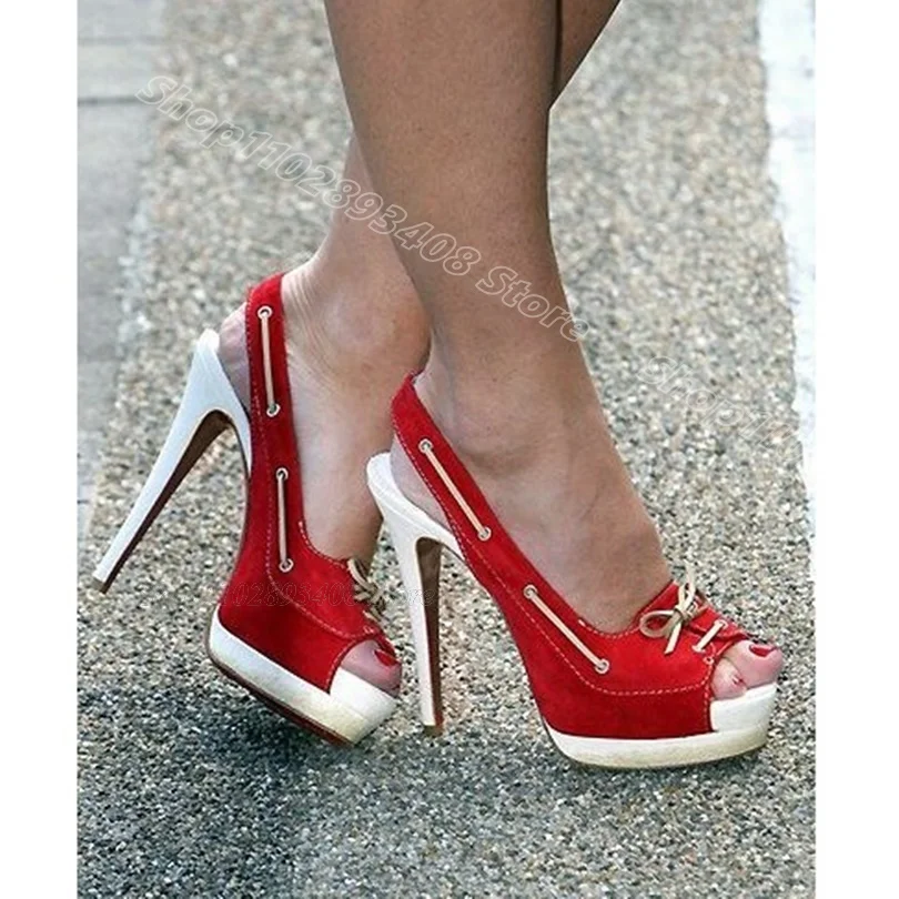 

Red Bowknot Decor Stiletto Sandals Peep Toe Platform Flock Casual British Style Fashion Dress Women Shoes Zapatos Para Mujere