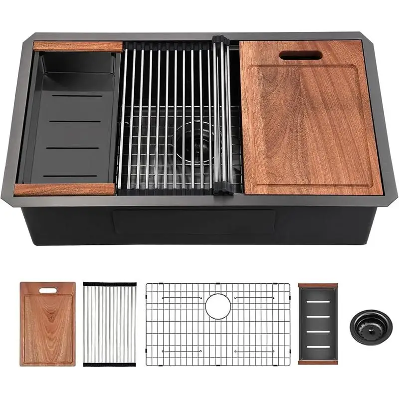 

32" Gunmetal Black Undermount Kitchen Sink, 16 Ga Stainless Steel, Handmade R10 Radius, 10" Deep Single Bowl with Accessories