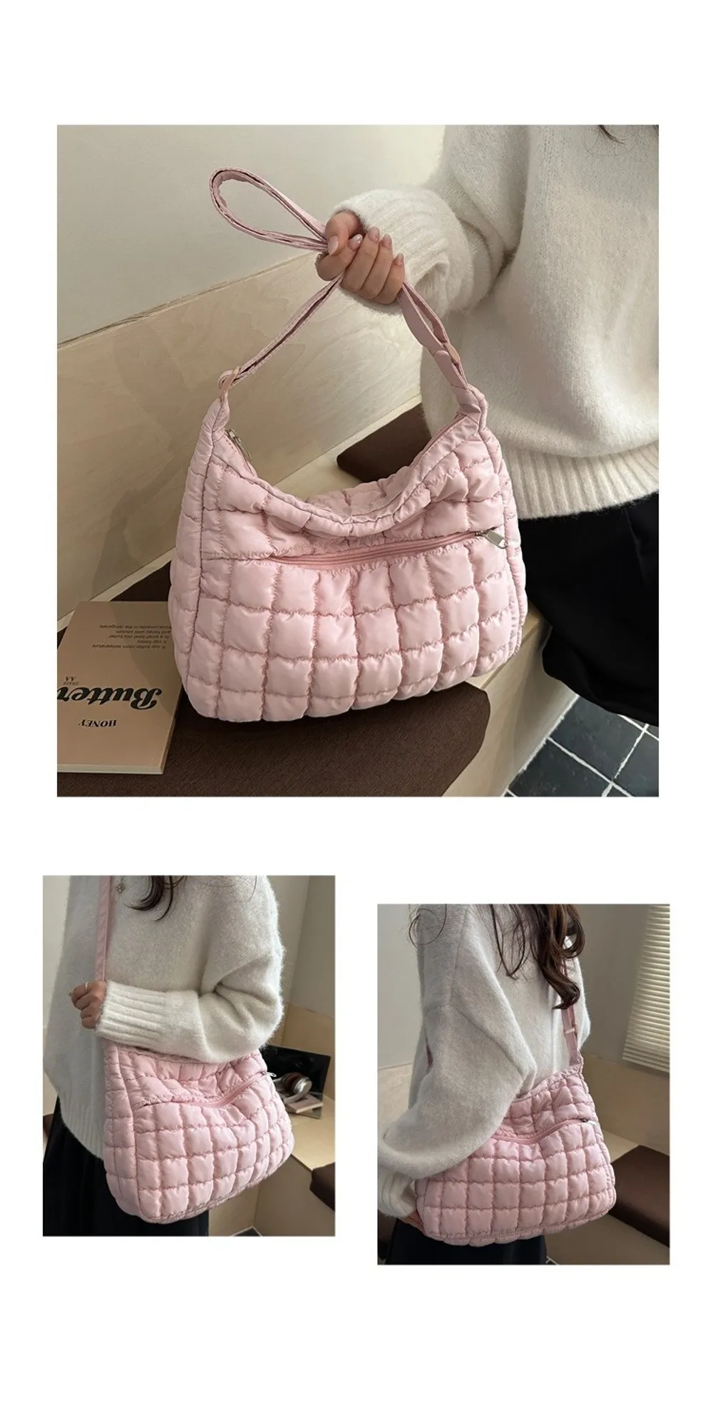 Gesteppte Puffer-Schultertasche mit Verstellbarem Riemen Einfarbige Gepolsterte Crossbody-Tasche aus Nylon mit Großer Kapazität Unterarmtasche für Damen – Detail 4